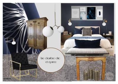 Planche d'ambiance chambre style classique chic et épuré appartement le Pompon sur la Déco décoratrice d'intérieur UFDI Cherbourg 50